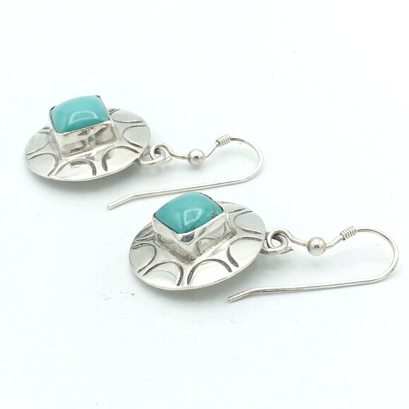 NATIVE AMERICAN turquoise & sterling silver concho earrings - signed HTS drop - Picture 4 of 7